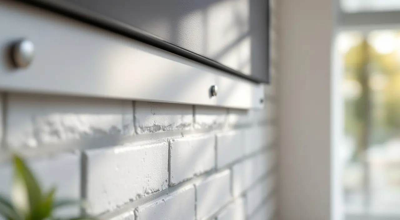 Aluminium-Montageschiene mit Edelstahlschrauben an einer hellen Ziegelwand, darüber die Kante eines Solarmoduls
