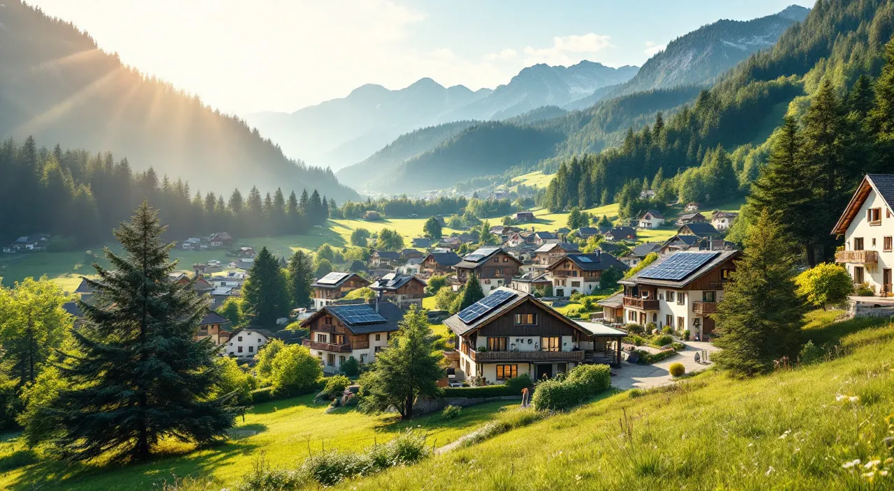 Bayerisches Dorf am grünen Hang, an mehreren Balkonen und Dächern sind Solarmodule montiert