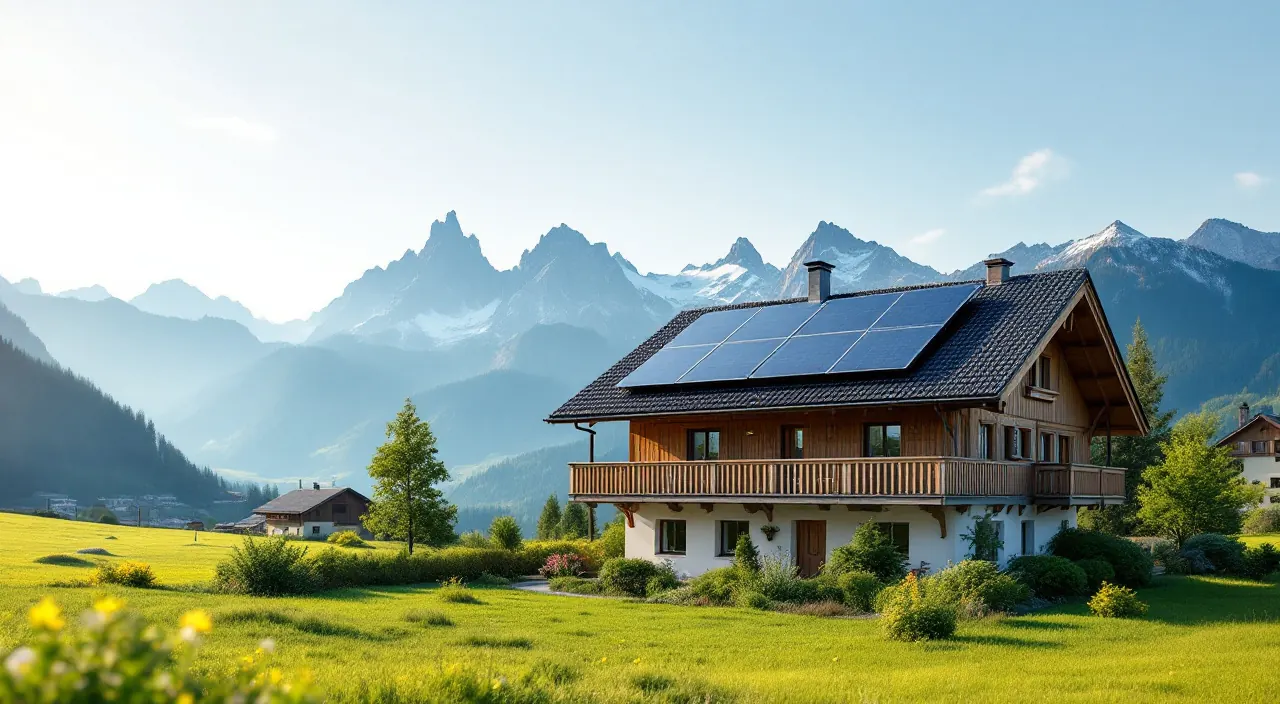 Bayerisches Haus mit Holzbalkon und zwei Solarmodulen, dahinter Almwiesen und Berge