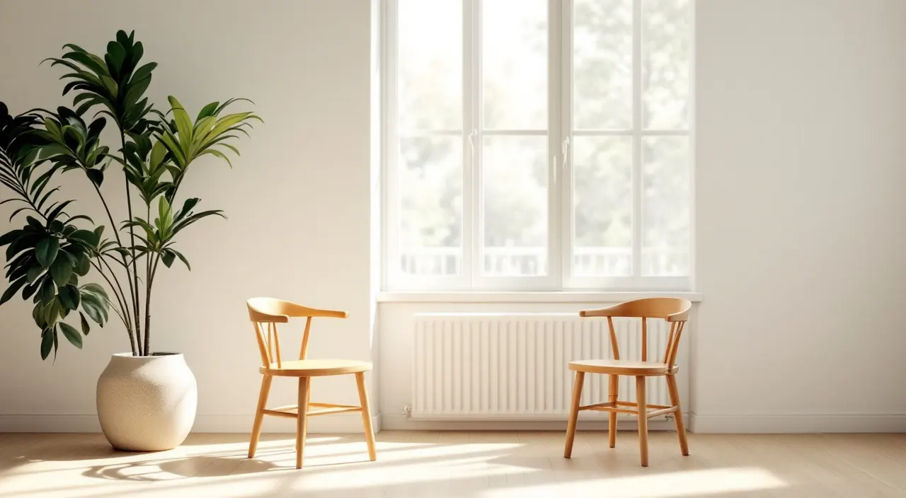 Zwei leere Holzstühle stehen sich an einem hellen Tisch gegenüber