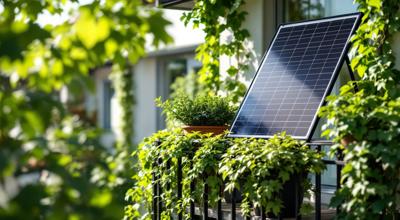 Solarmodul am Balkongeländer, umgeben von grünen Kletterpflanzen und Topfgrün