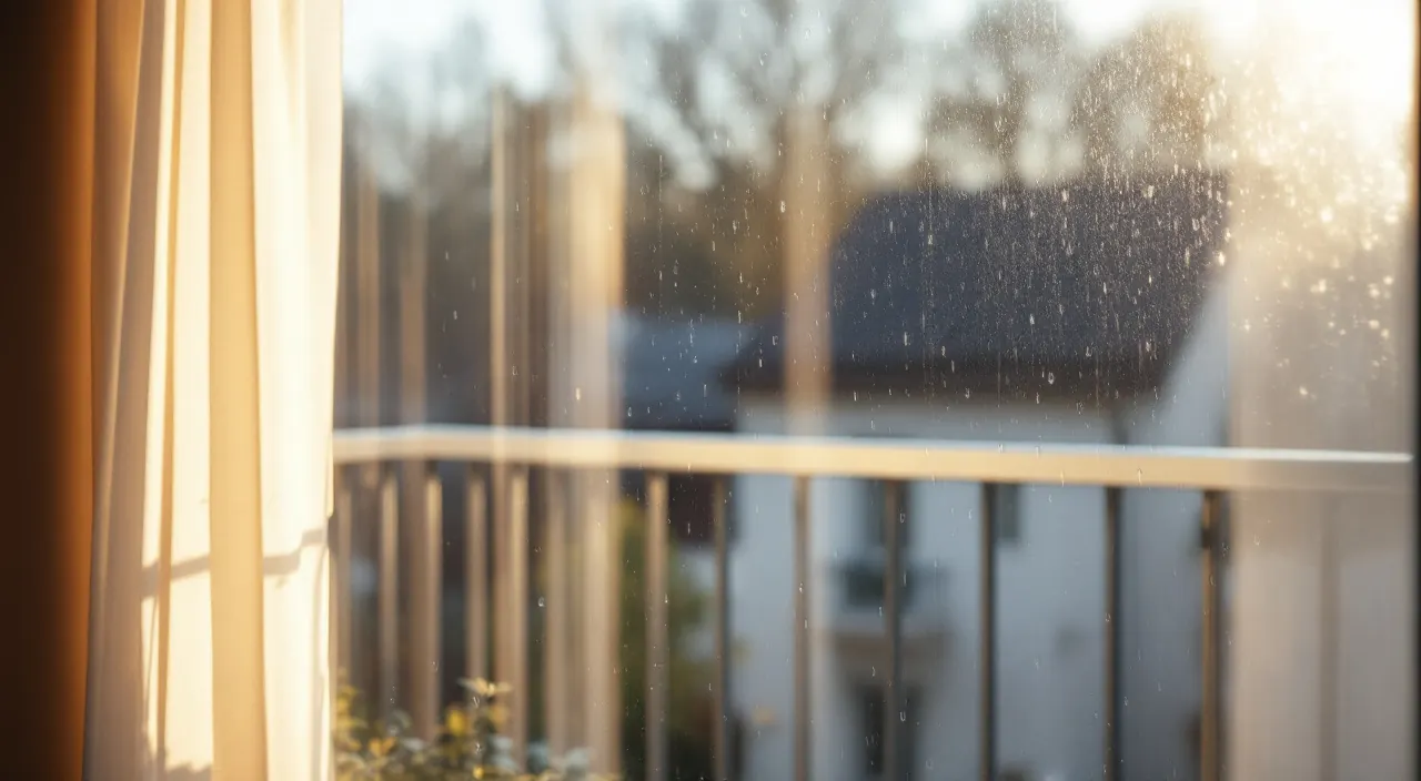 Blick durch eine regennasse Fensterscheibe auf einen Balkon mit Solarmodul
