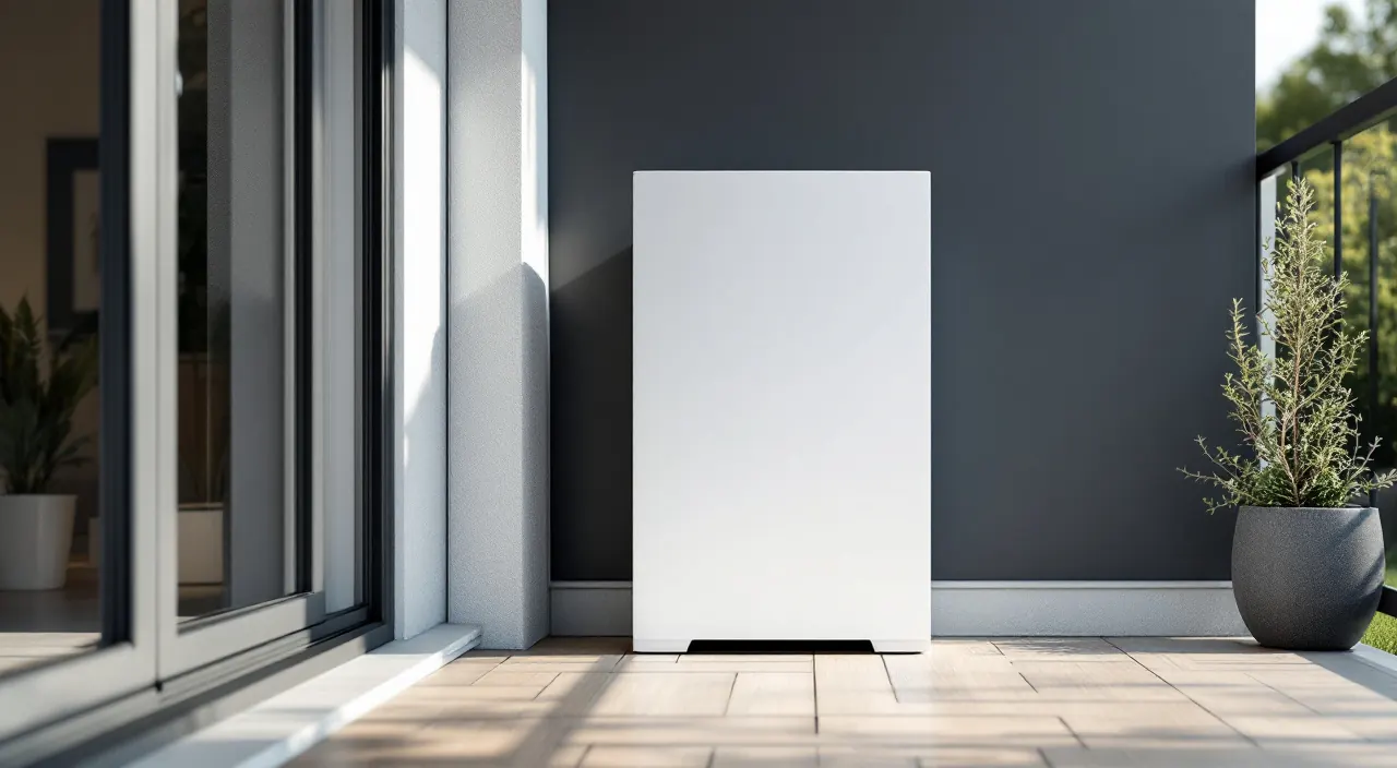Weißer Batteriespeicher steht aufrecht auf dem Balkonboden neben einem Solarmodul