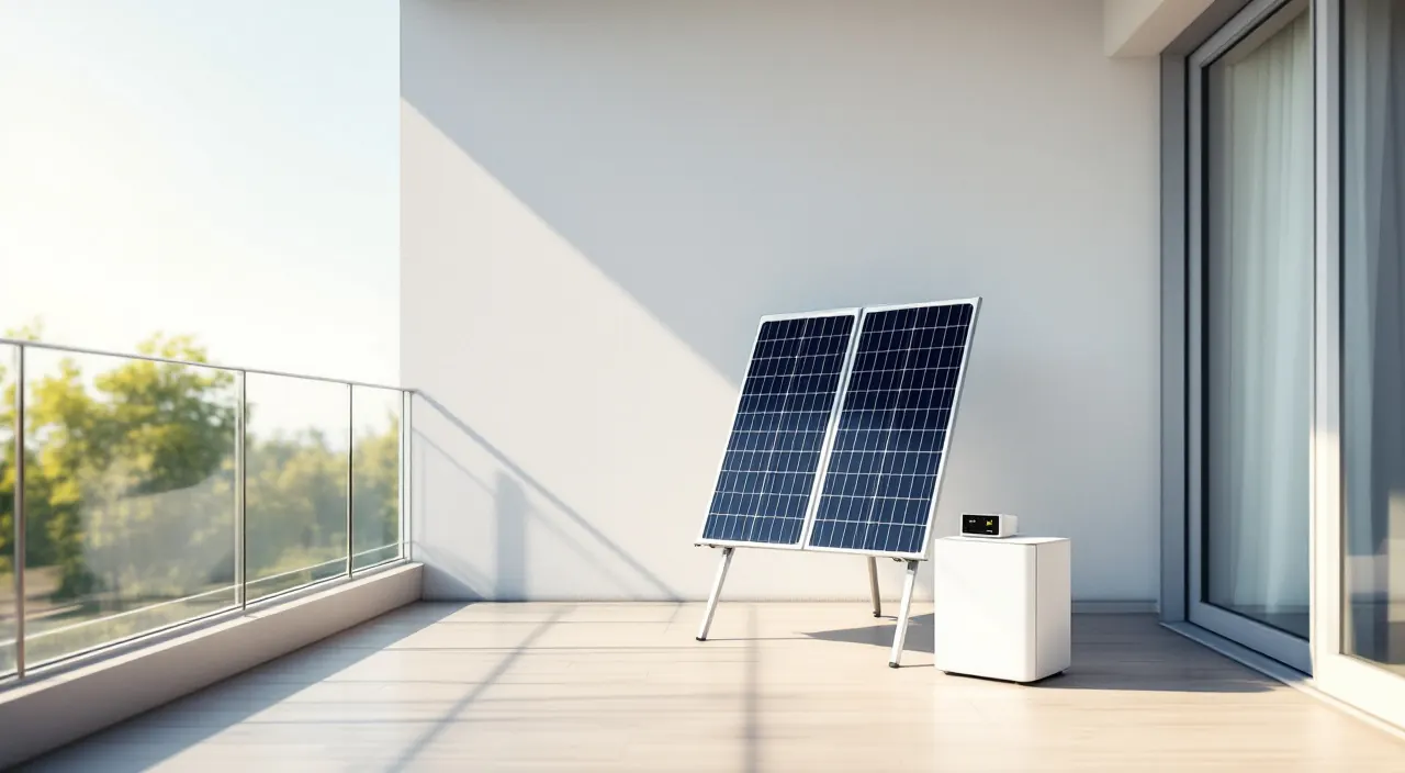Kompaktes Balkonsolar-Set mit zwei schlanken Modulen auf einem Gestell und einer kleinen weißen Box