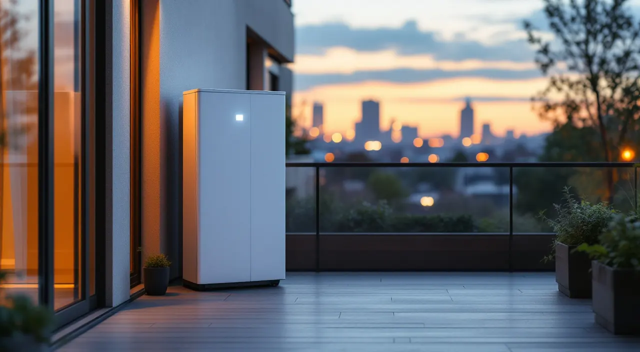 Weißer Batteriespeicher auf dem Balkon im warmen Abendlicht, dahinter die Stadt in der Dämmerung