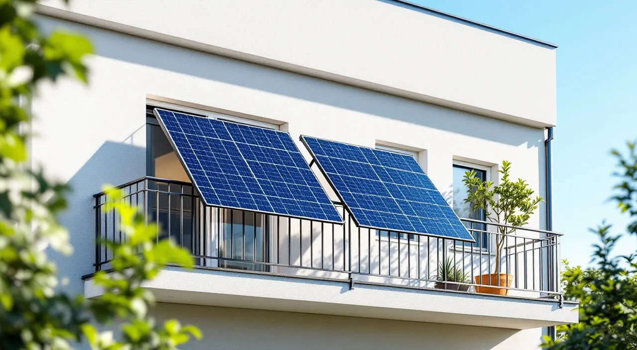 Zwei dunkelblaue Solarmodule hängen außen am Geländer eines modernen Wohnhausbalkons, von unten aus dem Innenhof gesehen