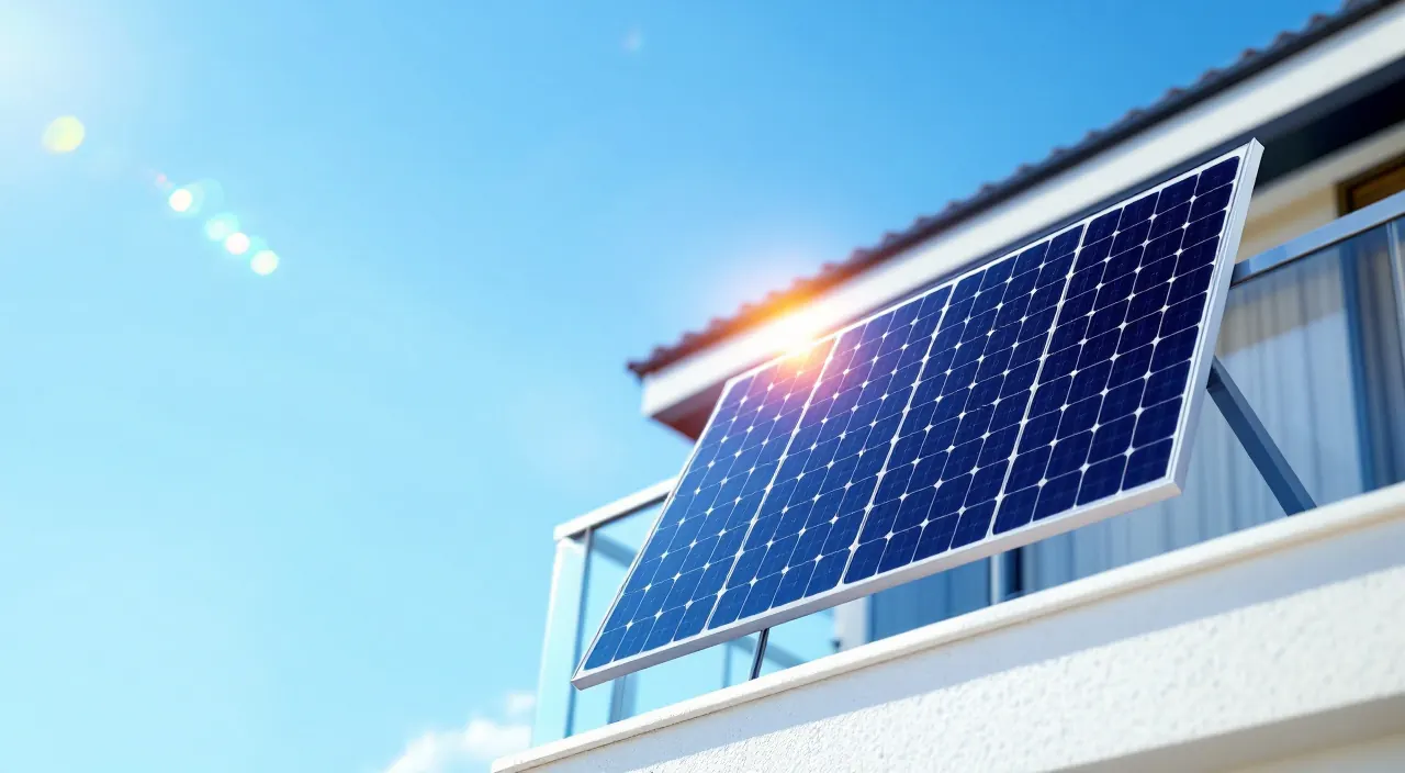 Solarmodul am Balkongeländer in gleißender Mittagssonne, an der Oberkante ein heller Lichtreflex