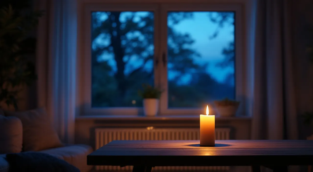 Dämmriges Wohnzimmer, nur von einer Kerze auf dem Holztisch erhellt, draußen blaue Abenddämmerung