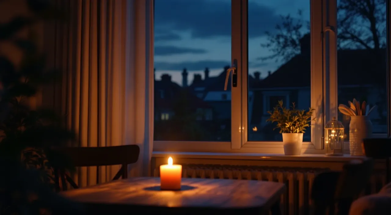 Dunkles Wohnzimmer bei Nacht, nur von einer Kerze erhellt; durch das Fenster die Dächer in der Dämmerung