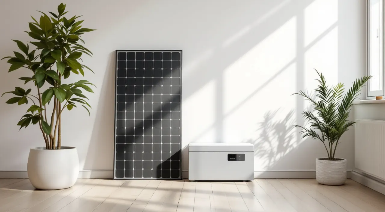 Solarmodul lehnt an einer hellen Wand, davor steht ein grauer Wechselrichter auf dem Boden