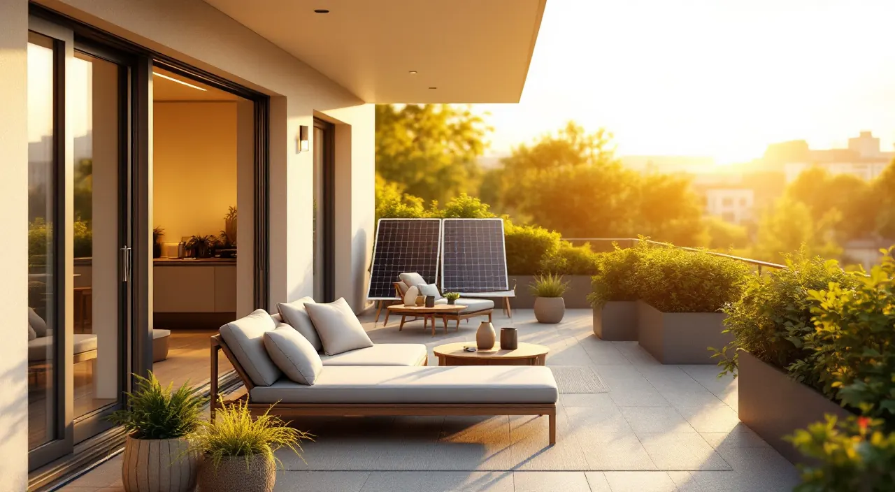Moderner Balkon mit zwei Solarmodulen und Gartenmöbeln im goldenen Nachmittagslicht