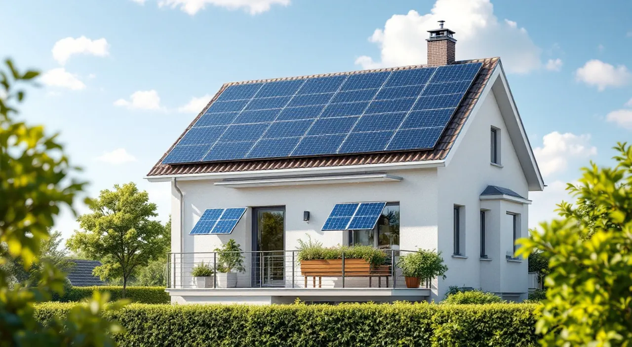 Einfamilienhaus mit voller Dach-Solaranlage, zusätzlich zwei Module am Balkongeländer