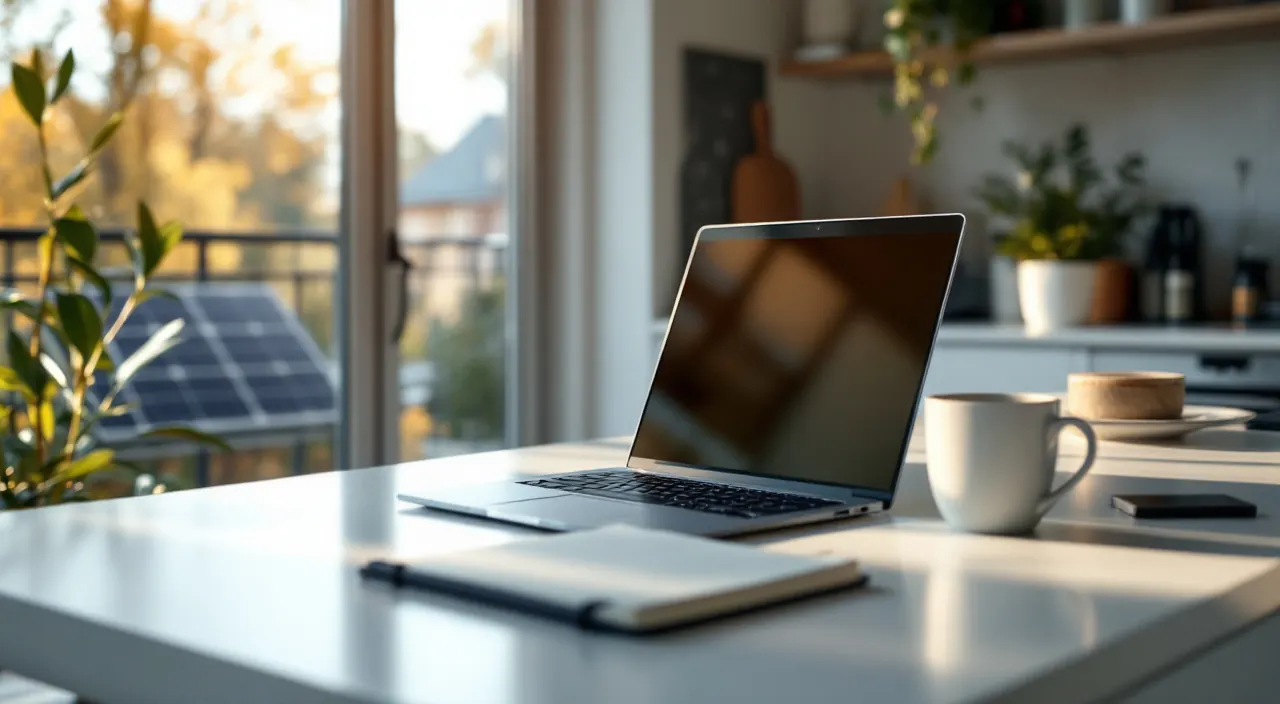 Laptop auf einem Küchentisch, im unscharfen Hintergrund ein Balkon mit Solarmodul