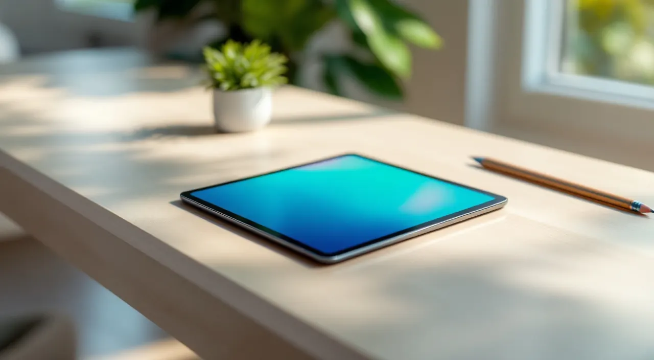 Tablet auf einem hellen Holztisch neben einer kleinen Topfpflanze, daneben ein Bleistift
