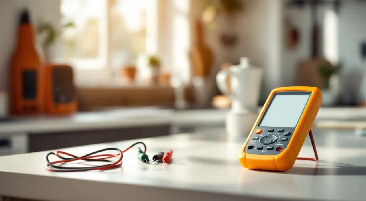 Gelbes Multimeter mit aufgerollten Messleitungen liegt auf einer hellen Werkbank