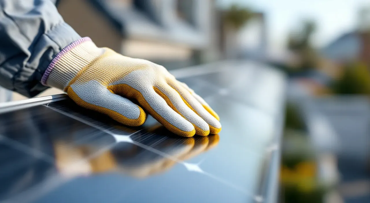 Hand im Arbeitshandschuh am Aluminiumrahmen eines Solarmoduls auf dem Balkon