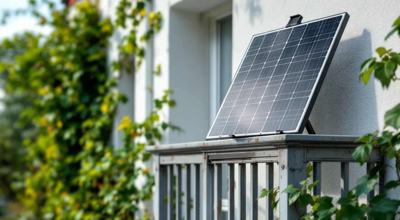 Leicht verwittertes Solarmodul an einem älteren Balkongeländer, an der Wand dahinter wächst Efeu