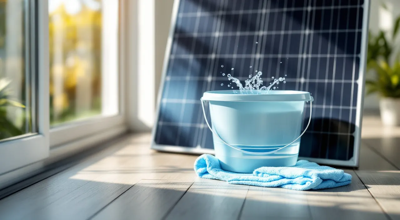 Blaues Mikrofasertuch und ein Eimer mit klarem Wasser stehen auf dem Balkon neben einem Solarmodul