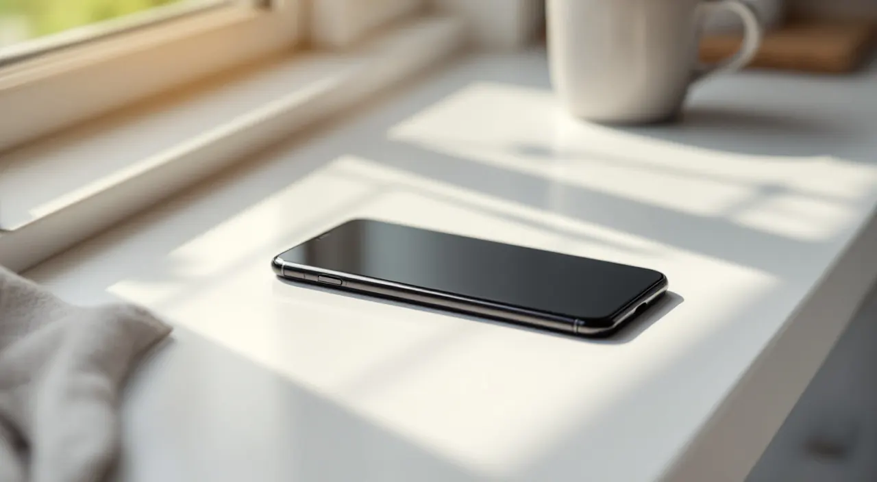 Smartphone liegt mit dunklem Display auf einer hellen Küchenarbeitsplatte