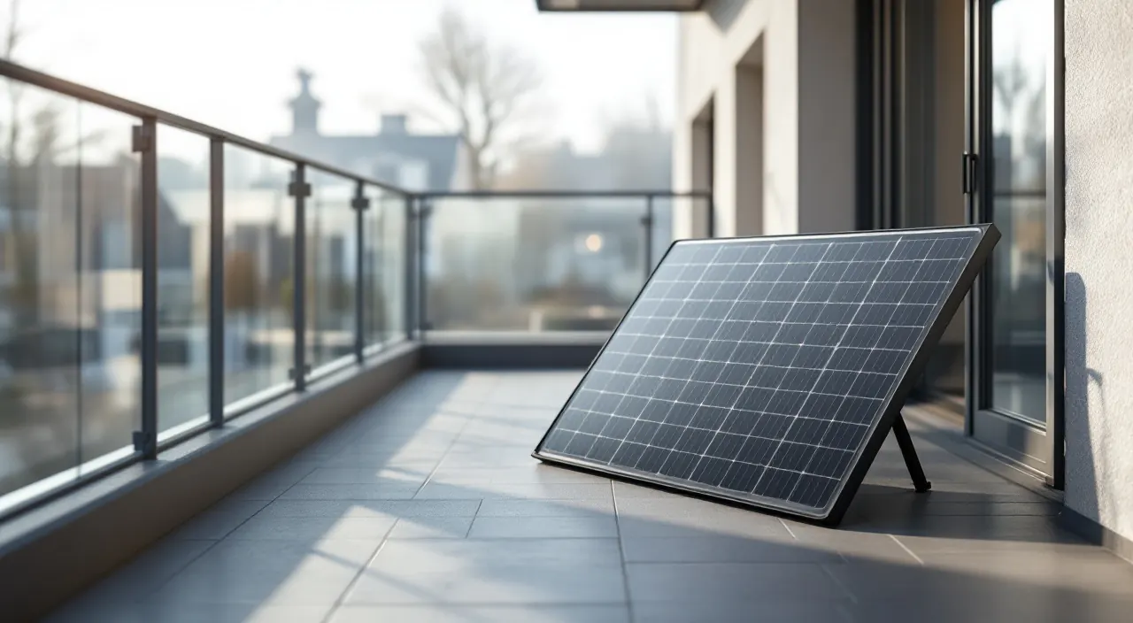 Aufgeständertes Solarmodul auf einem Balkon bei diffusem Tageslicht