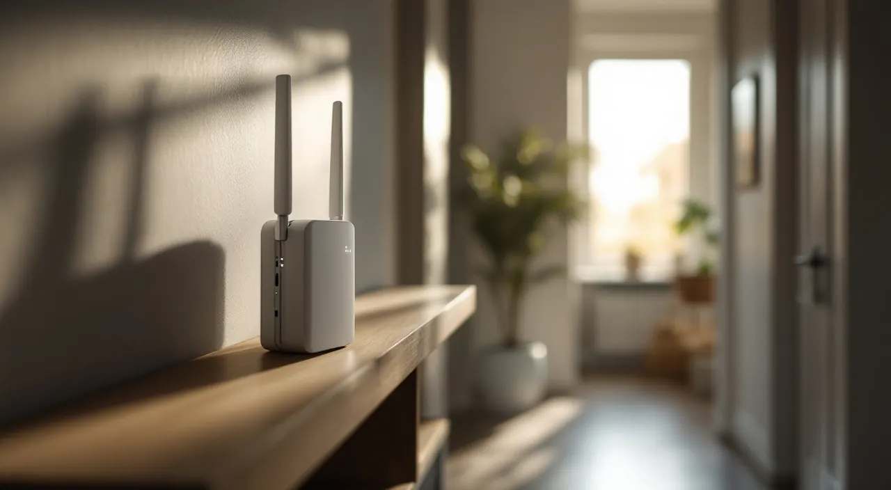 Weißer WLAN-Router auf einem Holzregal in einem gedämpft beleuchteten Flur