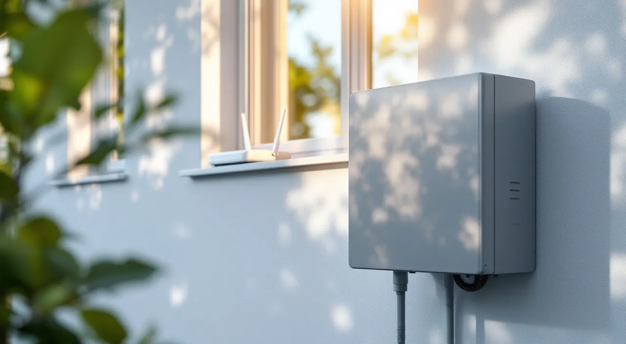Grauer Wechselrichter unter dem Balkongeländer, im Hintergrund unscharf ein WLAN-Router hinter der Fensterscheibe
