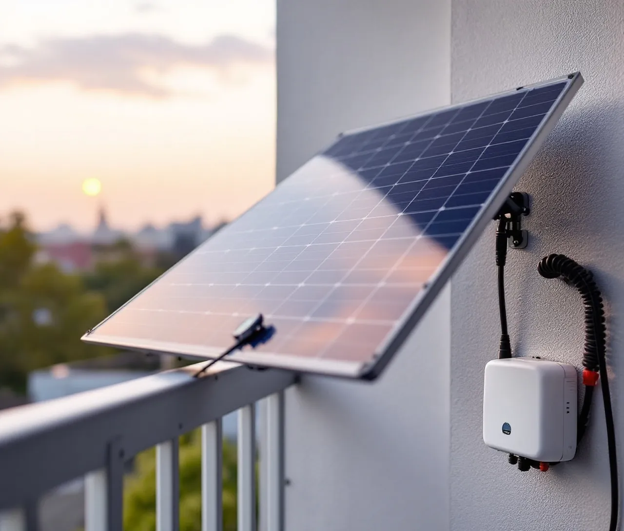 Solarmodul am Balkongeländer im Abendlicht, daneben ein weißer Mikrowechselrichter an der Wand